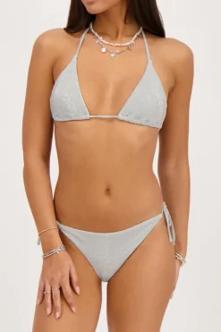 Bas De Bikini Argenté En Lurex Avec Nœuds
