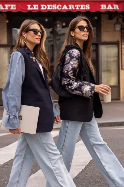 Blazer Bleu Foncé à Manches Rayées