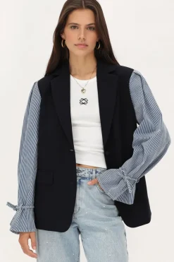 Blazer Bleu Foncé à Manches Rayées