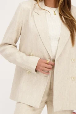 Blazer En Lin Beige à Double Boutonnage