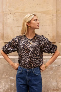 Blouse à Manches Bouffantes Imprimées Léopard