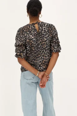 Blouse à Manches Bouffantes Imprimées Léopard
