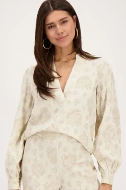 Blouse Beige à Imprimé Fleuri Jacquard