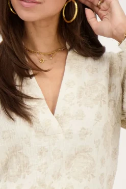 Blouse Beige à Imprimé Fleuri Jacquard