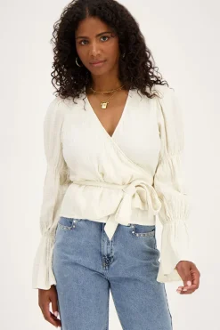 Blouse Beige à Manches Larges Et Nœud