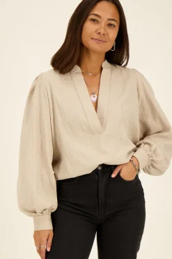 Blouse Beige En Mousseline Avec Rayures Lurex