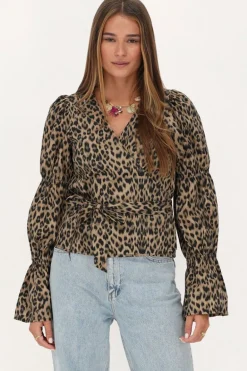 Blouse Cache-cœur Beige à Imprimé Léopard Et Manches Bouffantes
