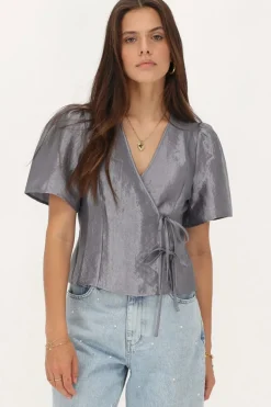 Blouse Grise Satinée Et Nœuds