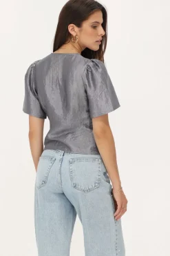 Blouse Grise Satinée Et Nœuds