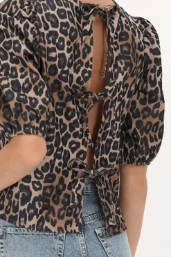 Blouse Imprimé Léopard Foncé Avec Nœuds Dans Le Dos