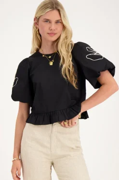 Blouse Noire à Motifs Fleuris Et Nœuds Dans Le Dos