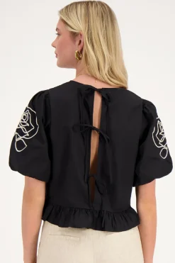Blouse Noire à Motifs Fleuris Et Nœuds Dans Le Dos