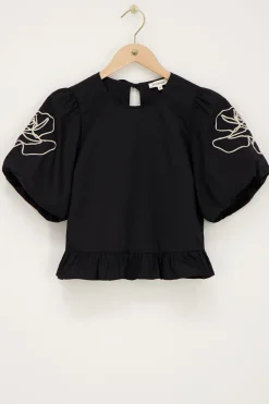 Blouse Noire à Motifs Fleuris Et Nœuds Dans Le Dos