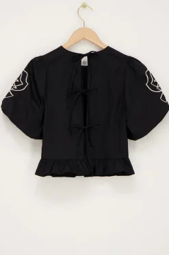 Blouse Noire à Motifs Fleuris Et Nœuds Dans Le Dos