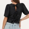 Blouse Noire Avec Manches Plissées Et Nœuds