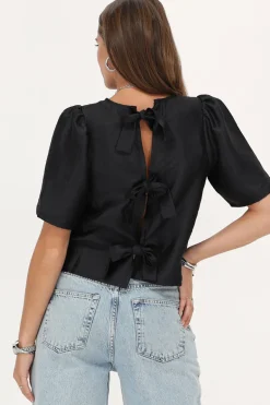 Blouse Noire Avec Manches Plissées Et Nœuds
