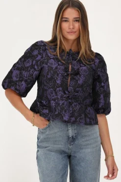 Blouse Noire Avec Nœuds Et Jacquard Violet