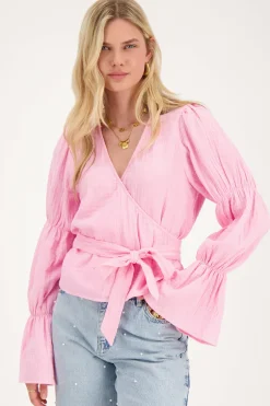 Blouse Rose à Manches Larges Et Nœud