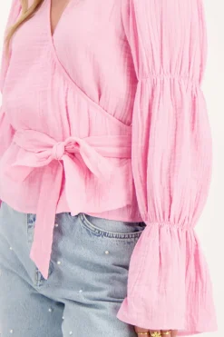 Blouse Rose à Manches Larges Et Nœud