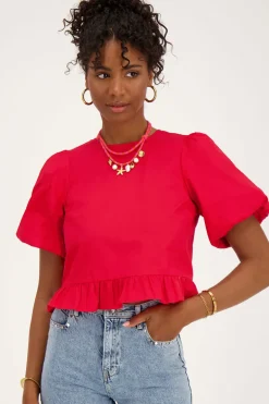 Blouse Rouge à Manches Bouffantes Et Nœuds Au Dos
