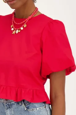 Blouse Rouge à Manches Bouffantes Et Nœuds Au Dos