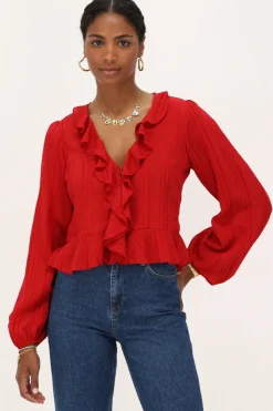 Blouse Rouge Avec Volants Et Boutons