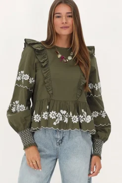 Blouse Vert Foncé Avec Broderie Blanche