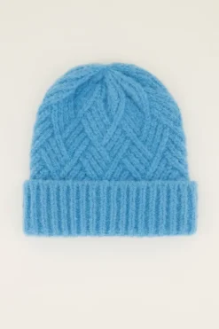 Bonnet En Maille Torsadée Bleue