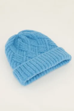 Bonnet En Maille Torsadée Bleue
