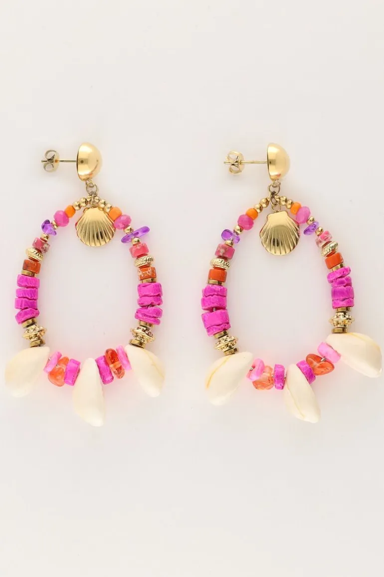 Boucle D'oreille Art Avec Perles Roses Et Coquillages