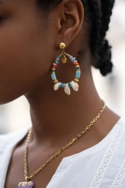 Boucle D'oreille Art Avec Perles Bleues Et Coquillages