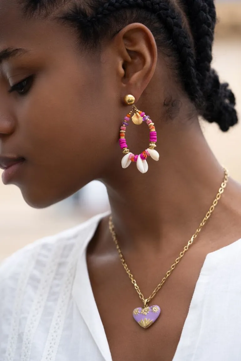 Boucle D'oreille Art Avec Perles Roses Et Coquillages