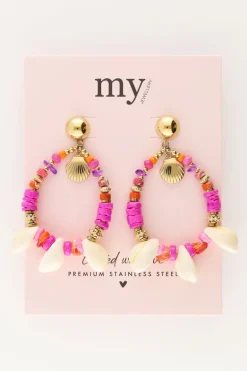 Boucle D'oreille Art Avec Perles Roses Et Coquillages