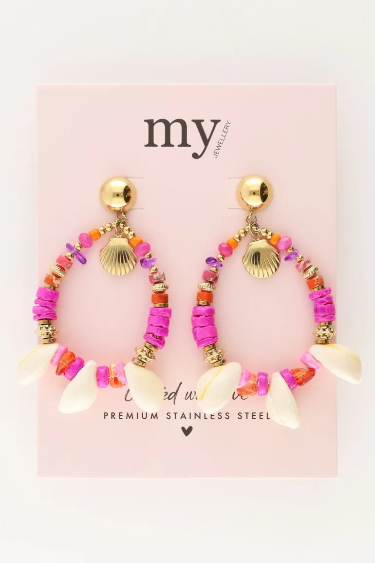 Boucle D'oreille Art Avec Perles Roses Et Coquillages