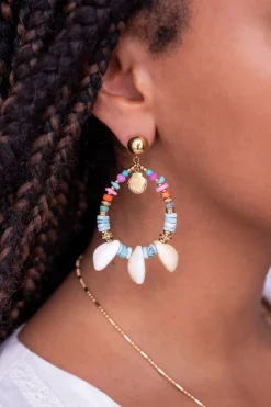 Boucle D'oreille Art Avec Perles Bleues Et Coquillages