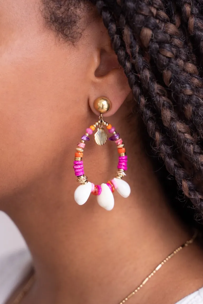 Boucle D'oreille Art Avec Perles Roses Et Coquillages