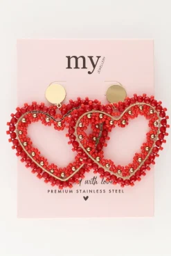 Boucles D'oreilles Avec Cœur En Perles Rouges