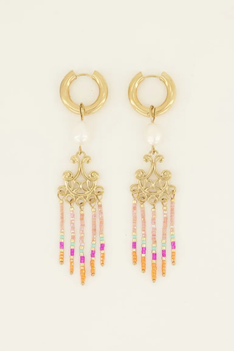 Boucles D’oreilles Perle Blanche Et Perles Colorées