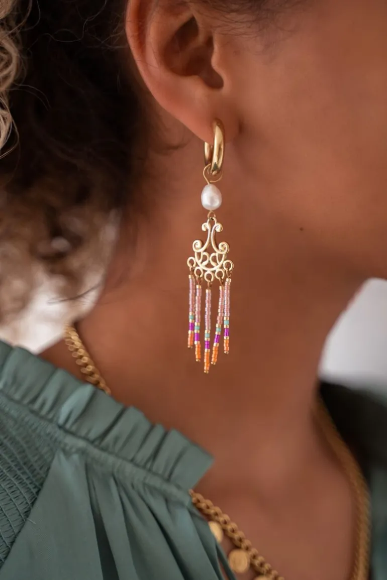 Boucles D’oreilles Perle Blanche Et Perles Colorées