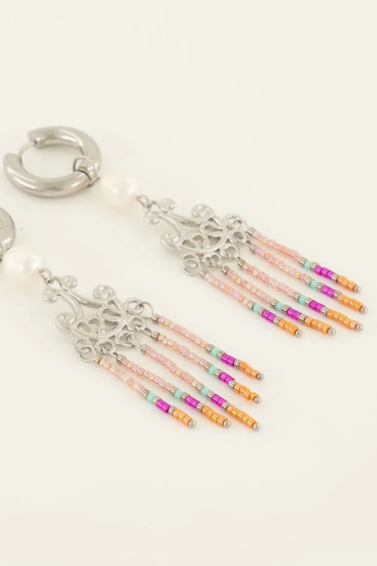 Boucles D’oreilles Perle Blanche Et Perles Colorées