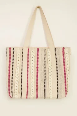 Cabas Beige Avec Rayures Multicolores Et Détails Tressés