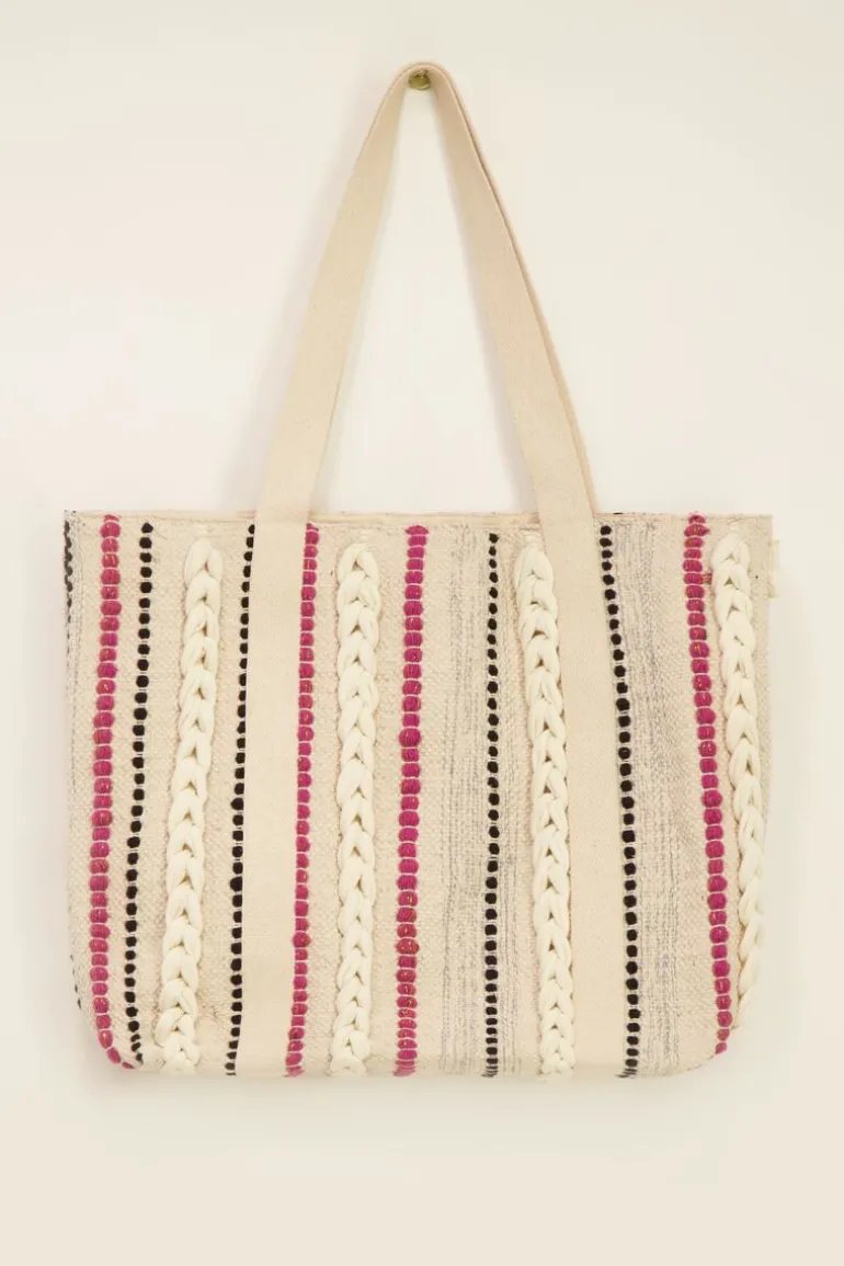 Cabas Beige Avec Rayures Multicolores Et Détails Tressés