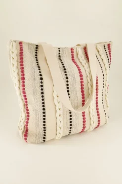 Cabas Beige Avec Rayures Multicolores Et Détails Tressés