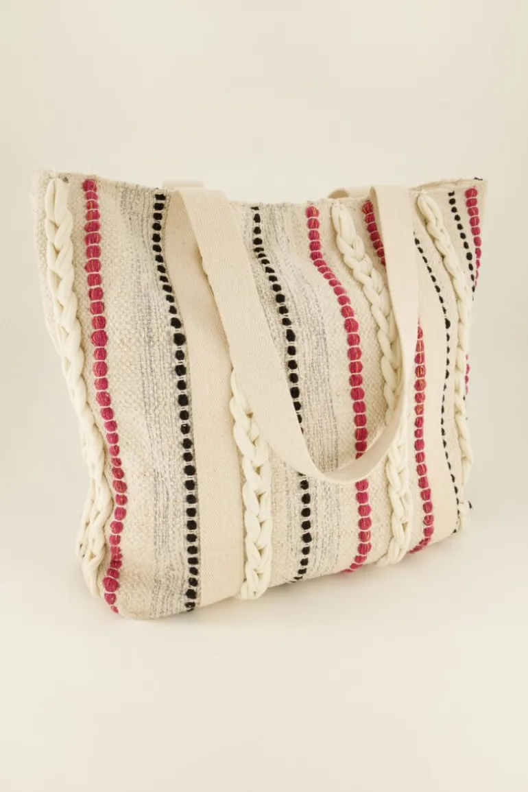 Cabas Beige Avec Rayures Multicolores Et Détails Tressés