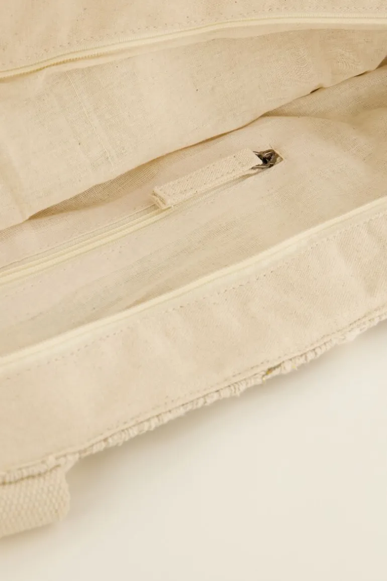 Cabas Beige Avec Rayures Multicolores Et Détails Tressés