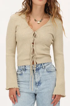 Cardigan Beige Avec Lurex Et Noeuds