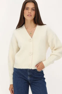 Cardigan En Maille Blanc Avec Boutons Roses