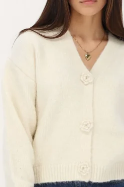 Cardigan En Maille Blanc Avec Boutons Roses