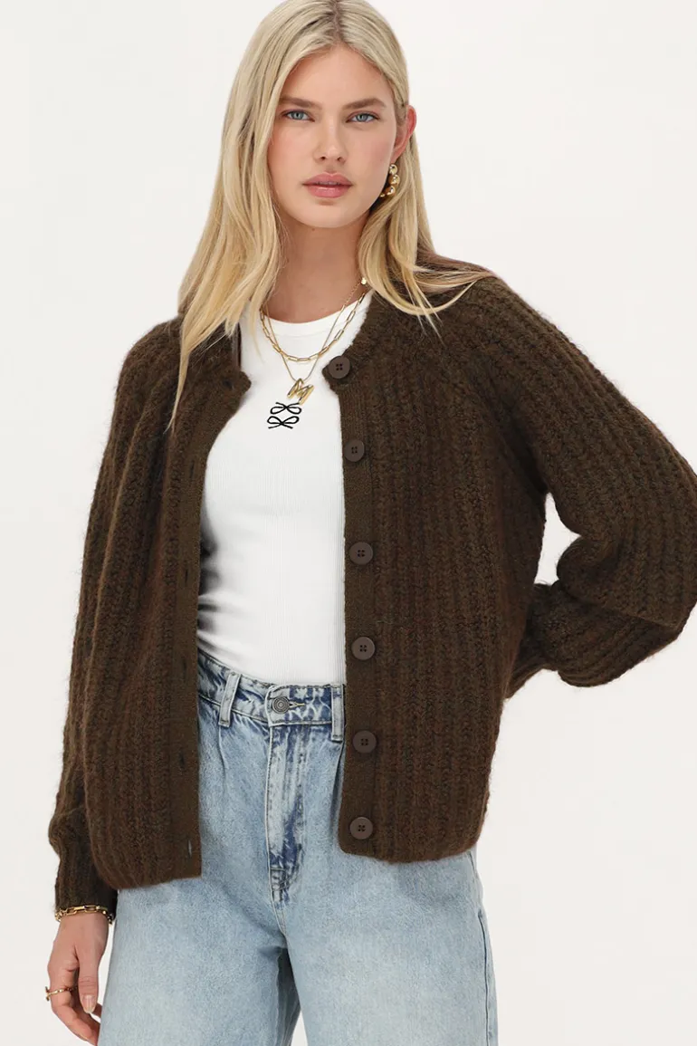 Cardigan En Maille épaisse Marron Avec Boutons