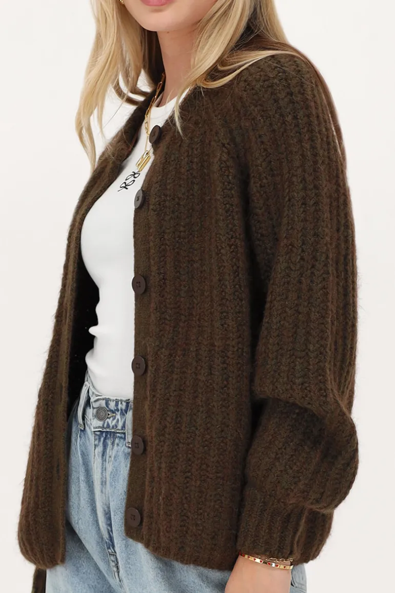 Cardigan En Maille épaisse Marron Avec Boutons